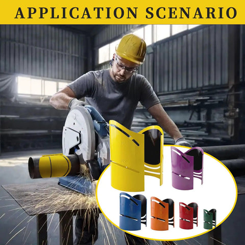 Professional Grade Heavy Duty Magnetic Pipe Cutting Guide Kit with six colored rails in use by worker cutting metal pipe