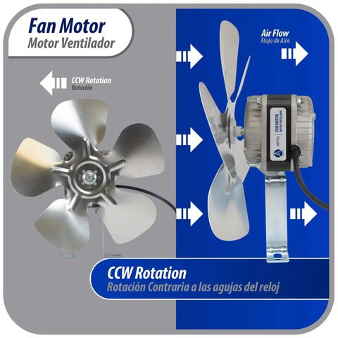 Universal 16W Condenser And Evaporator Fan Motor 115V 60Hz 0.95A With 10In Aluminum Fan Blade And Mounting Base, CCW Rotation, Air Flow.
