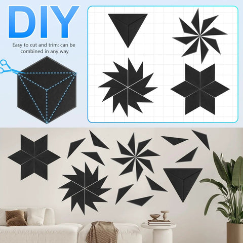12 Pack Hexagon Acoustic Foam Panels Wall Mounted Self Adhesive Sound Proof Noise Reducing Studio Decor Heavy Duty Black on wall.