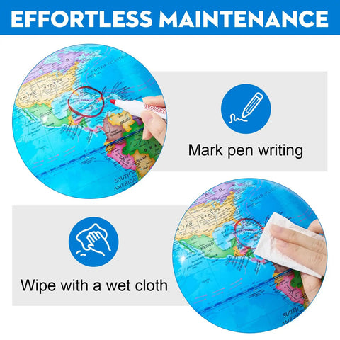 Illustration of 10 Inch Kids Globe For Learning with erasable pen marking and wiping clean feature.