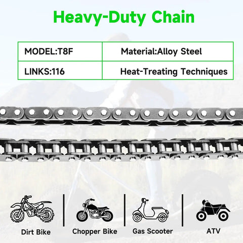 T8F 116 Link Drive Chain for 50cc Dirt Bikes and Pocket Rocket Pit Bikes, chain and specs with dirt bike and ATV icons