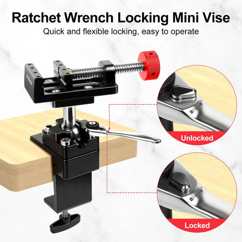 360 Degree Rotating Mini Bench Vise With Quick Release Ratchet Wrench 2.48 Inch general purpose table vise installed on desk