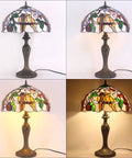 Tiffany Style Double Birds Stained Glass Table Lamp With 16 Inch Shade And 24 Inch Height, Antique Green Bronze Metal Base, UL Listed.