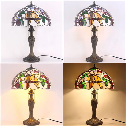Tiffany Style Double Birds Stained Glass Table Lamp With 16 Inch Shade And 24 Inch Height, Antique Green Bronze Metal Base, UL Listed.