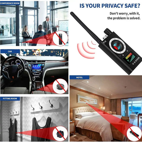 Hidden Camera Detectors And Bug Detectors For Anti Spy GPS Detection RF Signal Scanner Device Finder For Wireless Audio Bug Cameras Microphones Trackers And Other Hidden Spying Gear used in various locations like offices, cars, and hotels.