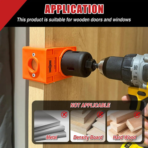 Door Lock Installation Kit With High Carbon Steel Hole Saw Set in use on wooden door with drill, showing application guide.