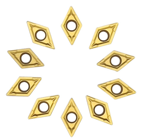55 Degree Diamond Carbide Inserts DCMT32.51 And DCMT11T304 arranged in a circle, for Stainless Steel Turning And Profiling.