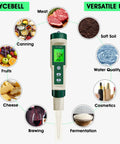 All In One PH Meter for Foodie Kitchens and Home Use with ATC and Backlit Display shown with food and soil illustrations