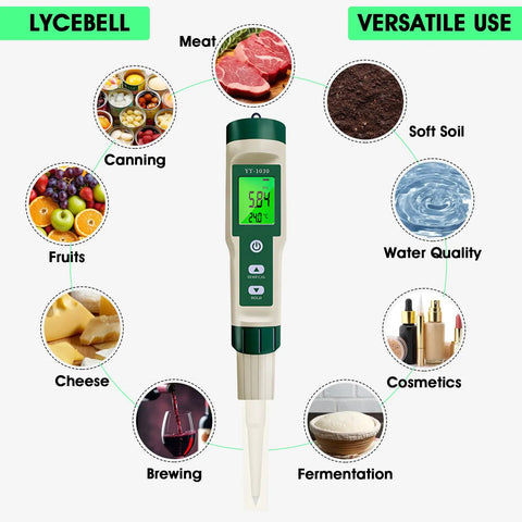 All In One PH Meter for Foodie Kitchens and Home Use with ATC and Backlit Display shown with food and soil illustrations