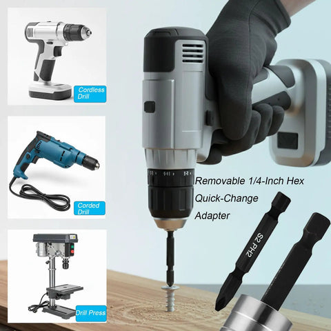 Heavy Duty Eight Piece Countersink Drill Bit Set Featuring Adjustable Depth Stops And No Sweat Quick Swap Hex Shank For Wood Metal Plywood Mdf Plastic Comes With Tough Carry Case, shown in use with drills.