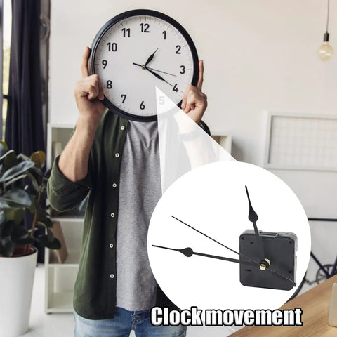 Person holding clock with Ultra Quiet Quartz Clock Movement Replacement Kit inset, showing silent wall clock mechanism.