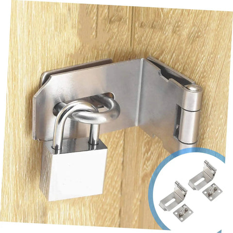 Premium 90 Degree Padlock Hasp And Staple Set Stainless Steel Right Angle Gate Lock on wooden door with padlock.