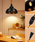 Black Pendant Light With Plug In Cord And Dimmable Dimmer Switch Industrial Hanging Kitchen Island Fixture 16 Feet Cord Easy Install Modern Industrial Lighting illuminating a cozy kitchen table setting with close-ups of lamp holder, switch, and plug.