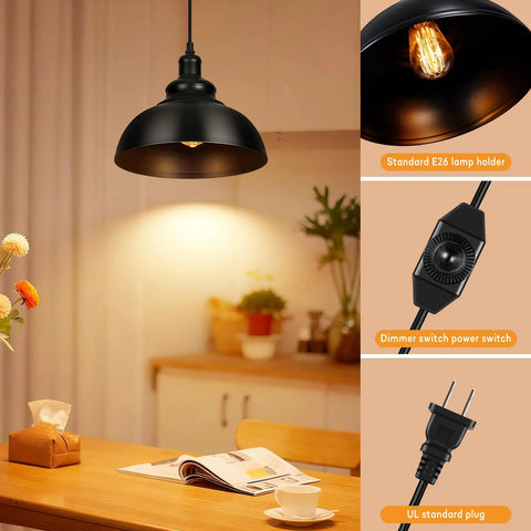 Black Pendant Light With Plug In Cord And Dimmable Dimmer Switch Industrial Hanging Kitchen Island Fixture 16 Feet Cord Easy Install Modern Industrial Lighting illuminating a cozy kitchen table setting with close-ups of lamp holder, switch, and plug.