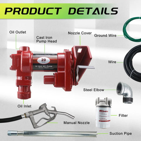12V Fuel Transfer Pump With Manual Nozzle 20 GPM High Flow DC Powered Heavy Duty Workhorse With Filter Included product components