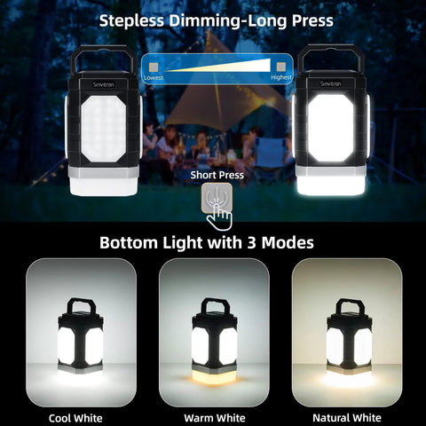 Rechargeable Camping Lantern With Five Sided Lighting, 1000 Lumens, 350 Hour Runtime, showing dimming and light modes