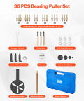 36 Piece Bearing Puller Set With 3 Jaw Hook Pullers, components, and storage case displayed on white background