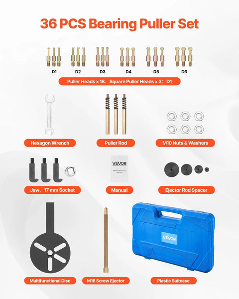 36 Piece Bearing Puller Set With 3 Jaw Hook Pullers, components, and storage case displayed on white background