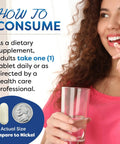 Top Shelf L Lysine 1000 Mg Tablets For Cold Sores And Immune Support 180 Count displayed with a woman taking a tablet.