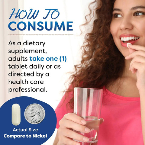 Top Shelf L Lysine 1000 Mg Tablets For Cold Sores And Immune Support 180 Count displayed with a woman taking a tablet.
