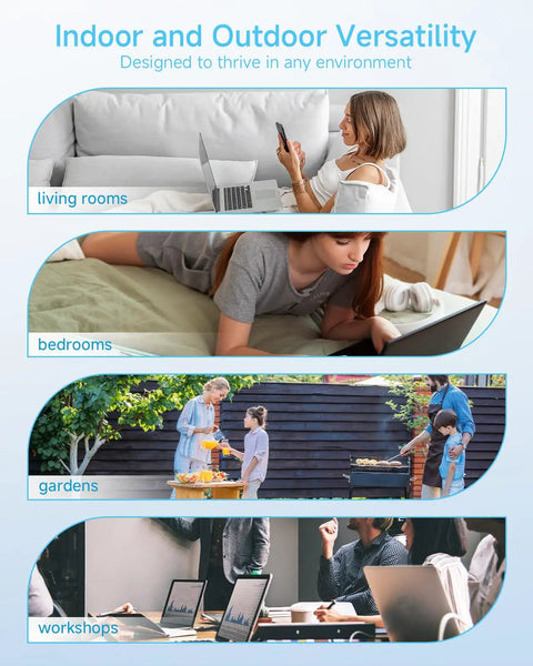 Image showing 1200Mbps Dual Band WiFi Extender Boost for Fast Streaming and Gaming in living room, bedroom, garden, and workshop settings.