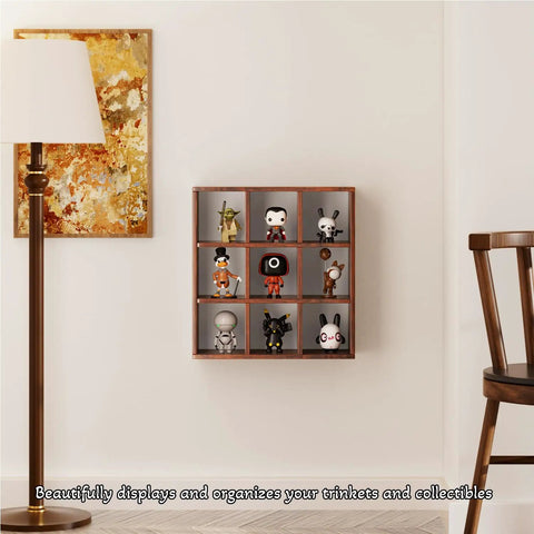 Sleek 9 Grid Wall Mounted Coffee Mug Display Rack, Solid Wooden Curio Shadow Box Shelf, holding collectibles on wall.