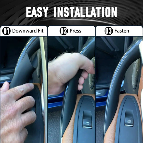 Easy installation of BMW Interior Door Pull Handle Cover Replacement for 3 Series 4 Series M3 M4 Models 2012-2019 shown in three steps.