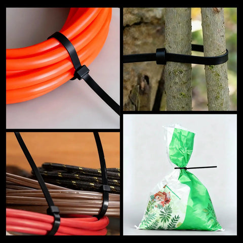 Cable ties securing cables, tree stake, and a bag, part of 239 Piece Tool Kit For Home And Auto All Purpose DIY Set With Portable Tool Box Organizers And Storage Case Great For Cars Motorcycles Home Repairs And Weekend Warriors.