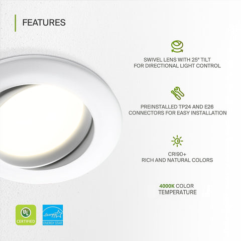 Gimbal Retrofit LED Can Lights 6 Inch Kit, 4000K Bright White, showing swivel lens and installation features.