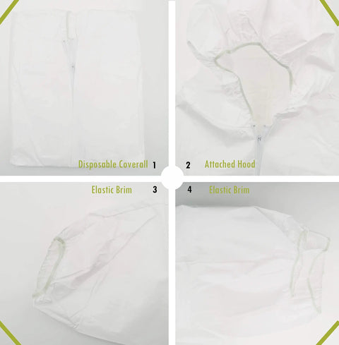 Pack Of 5 3XL Disposable Protective Coveralls With Hood And Elastic Cuffs For Spray Painting And Cleaning Work Breathable And Durable 65GSM Lightweight PPE Suit showing close-up of elastic cuffs and attached hood.