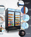 Heavy Duty Commercial Reach In Display Freezer With Two Swing Tempered Glass Doors Black 44 Point 7 Cubic Feet And Digital Controller showcasing frozen foods and easy-clean features.