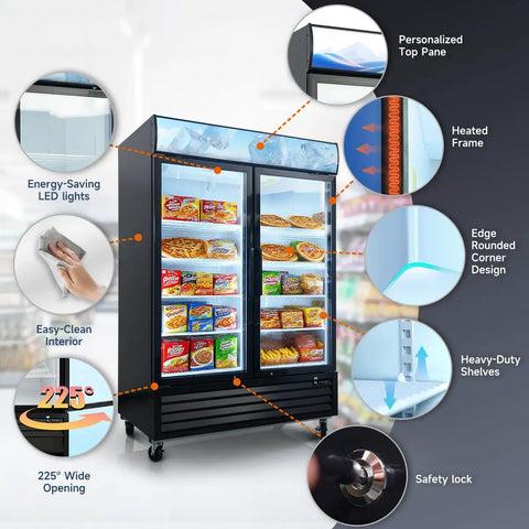 Heavy Duty Commercial Reach In Display Freezer With Two Swing Tempered Glass Doors Black 44 Point 7 Cubic Feet And Digital Controller showcasing frozen foods and easy-clean features.