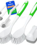 Holikme 6-pack kitchen cleaning brushes with green handles; includes long-handled dish brushes and a sponge corner scrubber.