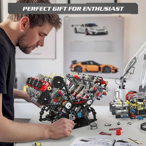 DIY Mini V8 Engine Model Kit With 2718 Pieces, Functional Engine Build for Teens and Adults, STEM Learning Set That Feels Like Real Gearhead Play, Educational Hobby Gift for Curious Makers, man assembling model engine