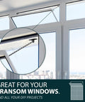 Super Slick 12 Inch Transom Door Chain Hardware For Windows And Cabinets, Matte Black Adjustable Limit Stop in use on transom window.