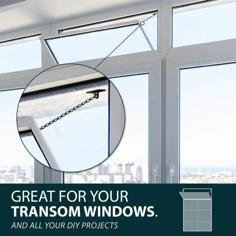 Super Slick 12 Inch Transom Door Chain Hardware For Windows And Cabinets, Matte Black Adjustable Limit Stop in use on transom window.