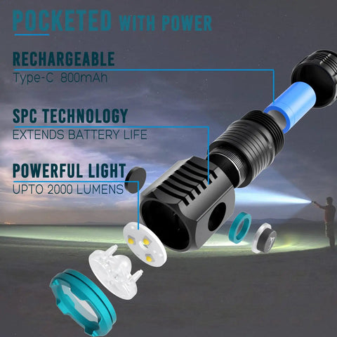 Rechargeable 2000 Lumen Aluminum Flashlight for Camping and Outdoors disassembled showing components and beam strength.