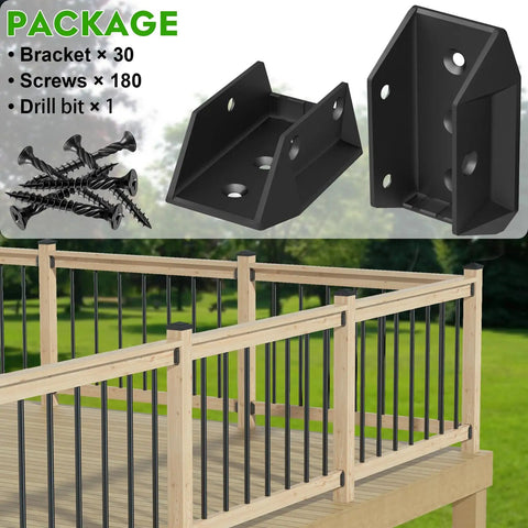 Heavy Duty Aluminum Deck Railing Bracket Connectors For 2 By 4 Wood Posts Outdoor Fence Stair Rail Hardware Set With 180 Deck Screws 30 Piece Ultra Strong Quick Install For DIY Deck Projects package contents including brackets and screws.