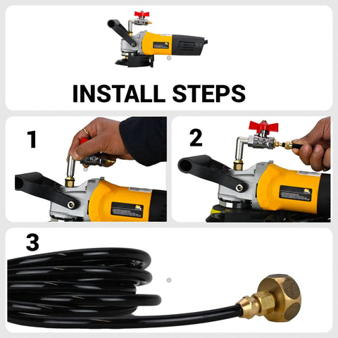 Powerful Five Inch Wet Polisher Kit installation steps showing connections for concrete countertops and stone surfaces.