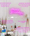 Dope Custom Neon Sign LED Light For Home Bar Wedding Party And Business Use Personalize Your Name Text Or Logo With Dimmable Brightness Backboard Easy Install Unique Gift For Birthday Anniversary Or Corporate Events, showing pink 'Happy Birthday' sign with dimmer and power adapter on table.