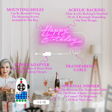 Dope Custom Neon Sign LED Light For Home Bar Wedding Party And Business Use Personalize Your Name Text Or Logo With Dimmable Brightness Backboard Easy Install Unique Gift For Birthday Anniversary Or Corporate Events, showing pink 'Happy Birthday' sign with dimmer and power adapter on table.