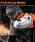 Powerful 20V Brushless Cordless Angle Grinder with 4.5 inch disc shown grinding metal with sparks flying