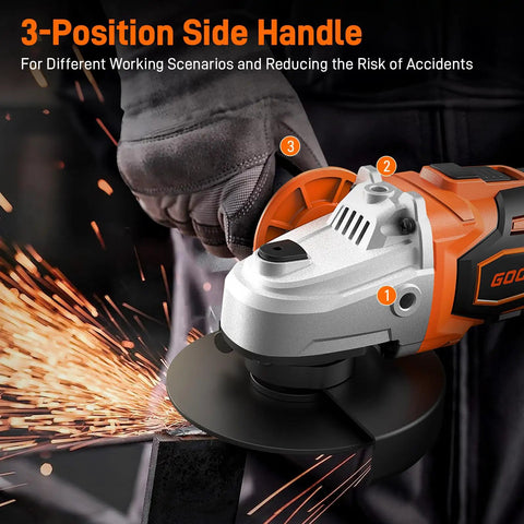 Powerful 20V Brushless Cordless Angle Grinder with 4.5 inch disc shown grinding metal with sparks flying