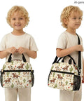 Child holding Desert Horse Insulated Kids Lunch Box with easy-clean lining and adjustable strap, fits bento boxes, 9.84x5.51x8.27 in.