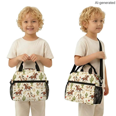 Child holding Desert Horse Insulated Kids Lunch Box with easy-clean lining and adjustable strap, fits bento boxes, 9.84x5.51x8.27 in.