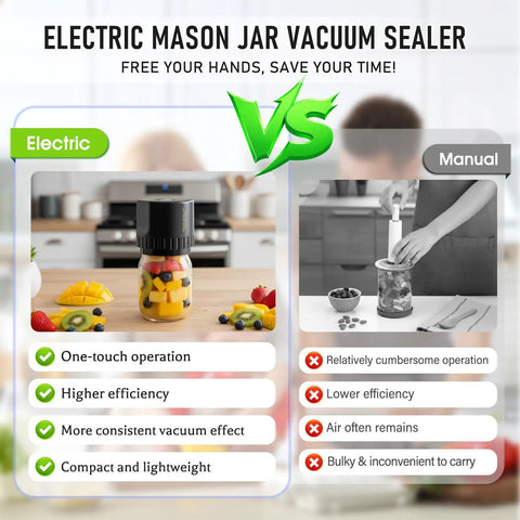 Electric Mason Jar Vacuum Sealer Kit comparison showing efficiency, compact design, and ease of use versus manual sealing.