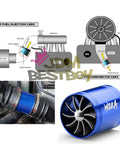 Turbine Air Intake Fuel Saver Dual Fan Turbonator Acceleration System For 2.5 To 3.0 Inch Intake Hose Universal Fit Petrol And Diesel Vehicles Red Easy Install For Quick Boost And Enhanced Throttle Response diagram and installation image