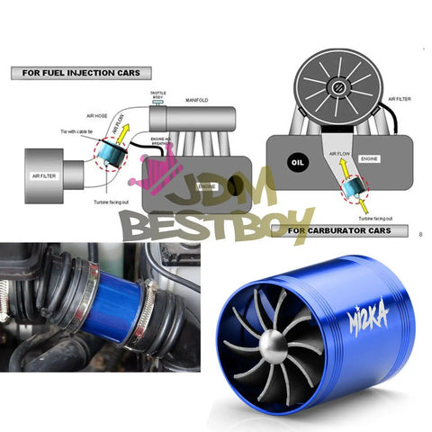 Turbine Air Intake Fuel Saver Dual Fan Turbonator Acceleration System For 2.5 To 3.0 Inch Intake Hose Universal Fit Petrol And Diesel Vehicles Red Easy Install For Quick Boost And Enhanced Throttle Response diagram and installation image