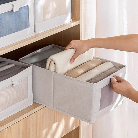 Premium Linen Closet Organizers And Folding Storage Bins, Four Pack Fabric Containers With See Through Window For Quick Clothes And Jeans Retrieval, Straight Up The Ultimate Shelf Organization Fix