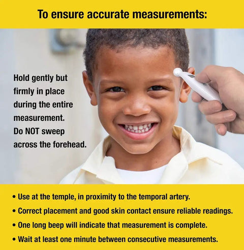 Temple Touch 6 Second Digital Thermometer for Infants and Kids Noninvasive No-Fuss Quick Read In About Six Seconds Clinically Validated Accuracy ASTM E1112 Compliant Baby Friendly Design With Easy Readout For Sleepy Parents. Child temple temperature reading with white digital thermometer